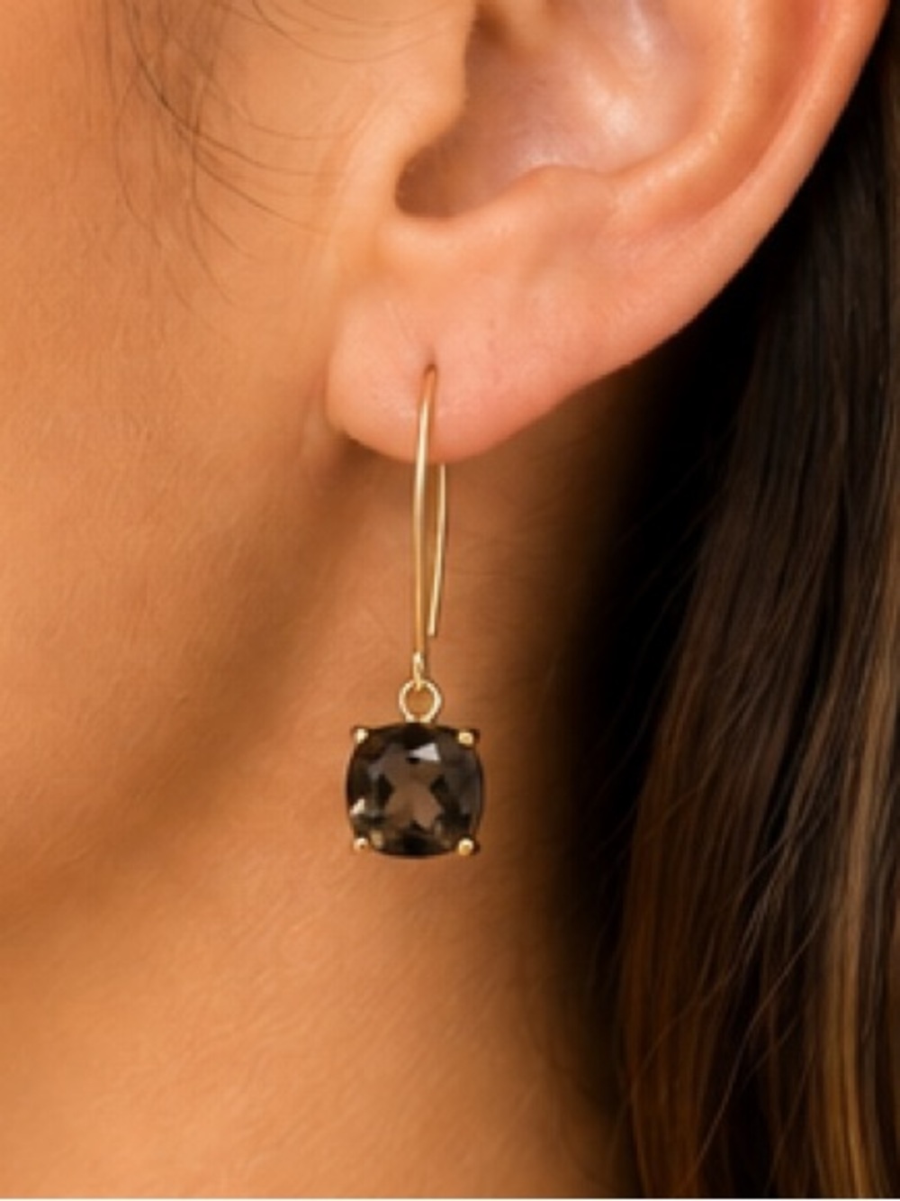 NEW - The Sak Gold & Smoky Quartz Cushion Cut Faceted Crystal Drop Earrings 2”